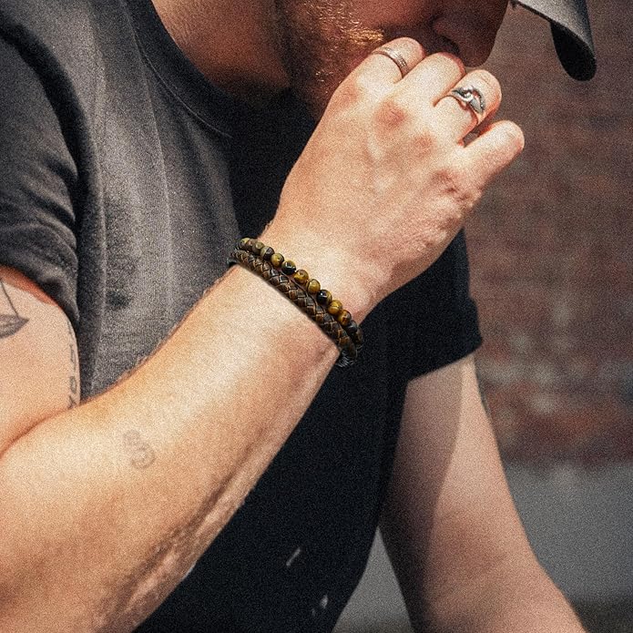 Mens Tiger Eye Matee Black Onyx Lava Rock Volcanic Stone Beaded Bracelet, Black Braided Leather Bracelet for Men