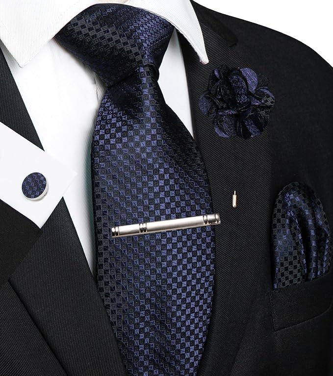 JEMYGINS Mens Tie and Pocket Square,Lapel Pin,Cufflinks,Tie Clip Sets with Gift Box 5PCS