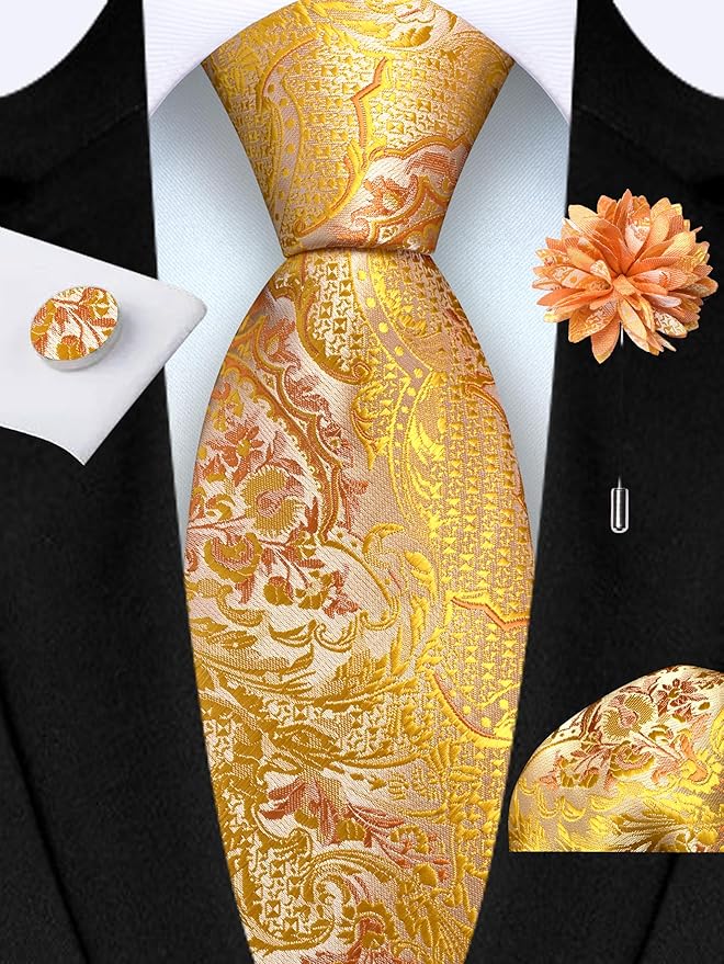 GUSLESON 8cm Paisley Tie Set for Men Necktie Lapel Pin Pocket Square Cufflinks Set for Men