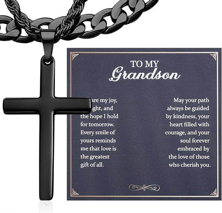 TEN MIRO Silver/Black Cross Necklace for Men Boy Stainless Steel Cross Pendant Necklace for Men Christian Religious Jewelry with Box & Card Birthday Anniversary Christmas Father's Day Gifts for Him