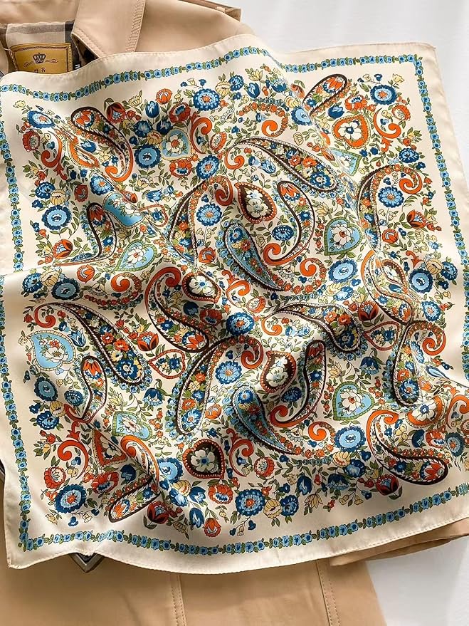 ANDANTINO 100% Pure Mulberry Silk Small Square Scarves -21'' x 21''- Digital Printed Neckerchief –Women Men Lightweight Scarf