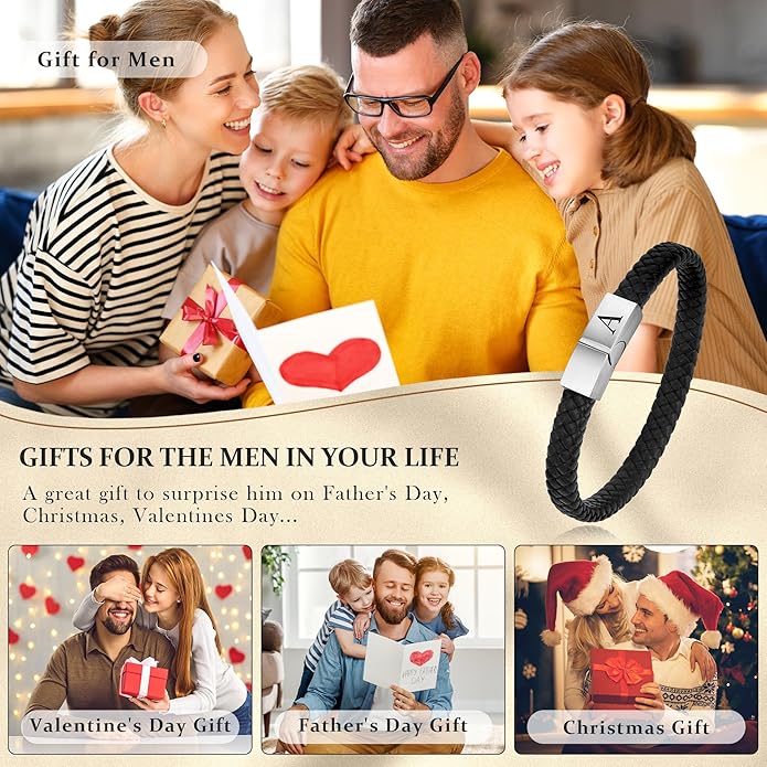 Leather Bracelets for Mens Gifts - Premium Genuine Leather Adjustable Stainless Steel Magnetic Clasp Mens Initial Bracelet, Unique Gifts for Men Husband Dad Son