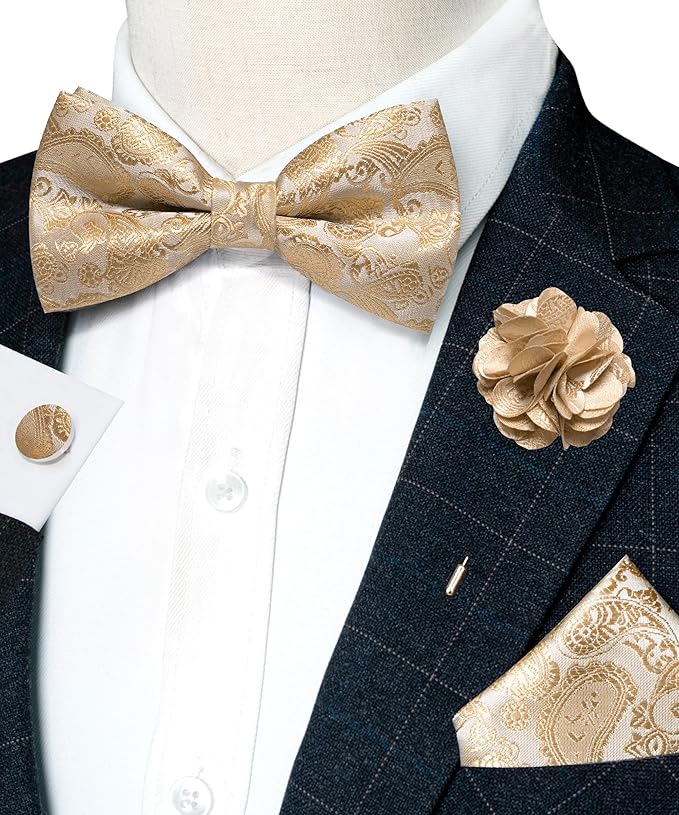 JEMYGINS Paisley Pre-tied Bow Tie and Pocket Square Cufflinks Lapel Pin Sets for Men 4PCS