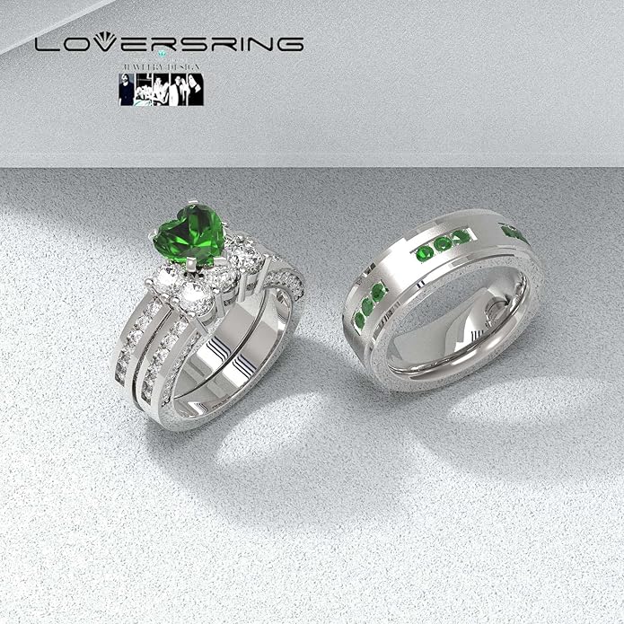 TWO RINGS Wedding Ring Sets His And Hers Promise Ring Couples Bridal Sets Women 925 Sterling Silver square Cz Man Stainless Steel Brushed Finished Wedding Bands