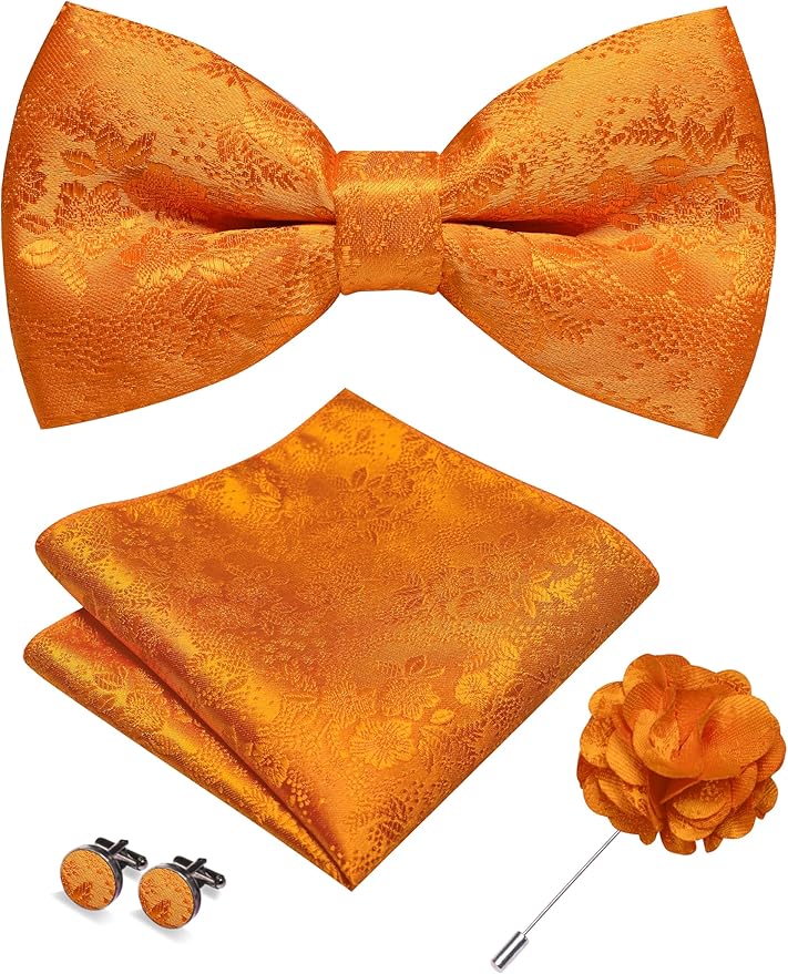 JEMYGINS Floral Pre-tied Bow Tie and Pocket Square Cufflinks Lapel Pin Sets for Men 4PCS
