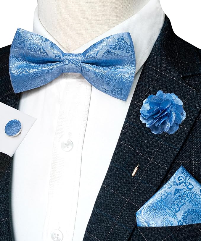 JEMYGINS Paisley Pre-tied Bow Tie and Pocket Square Cufflinks Lapel Pin Sets for Men 4PCS