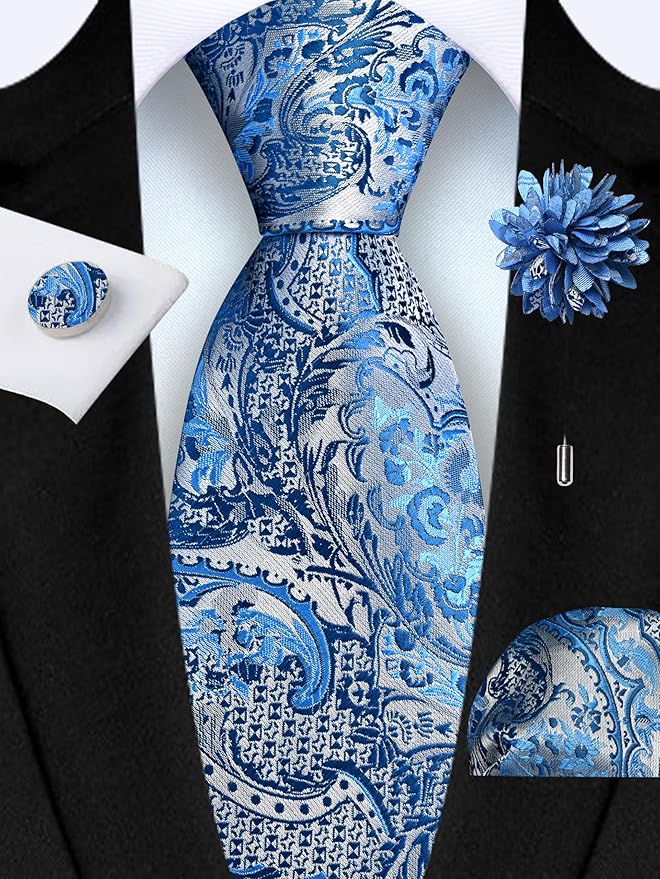 GUSLESON 8cm Paisley Tie Set for Men Necktie Lapel Pin Pocket Square Cufflinks Set for Men