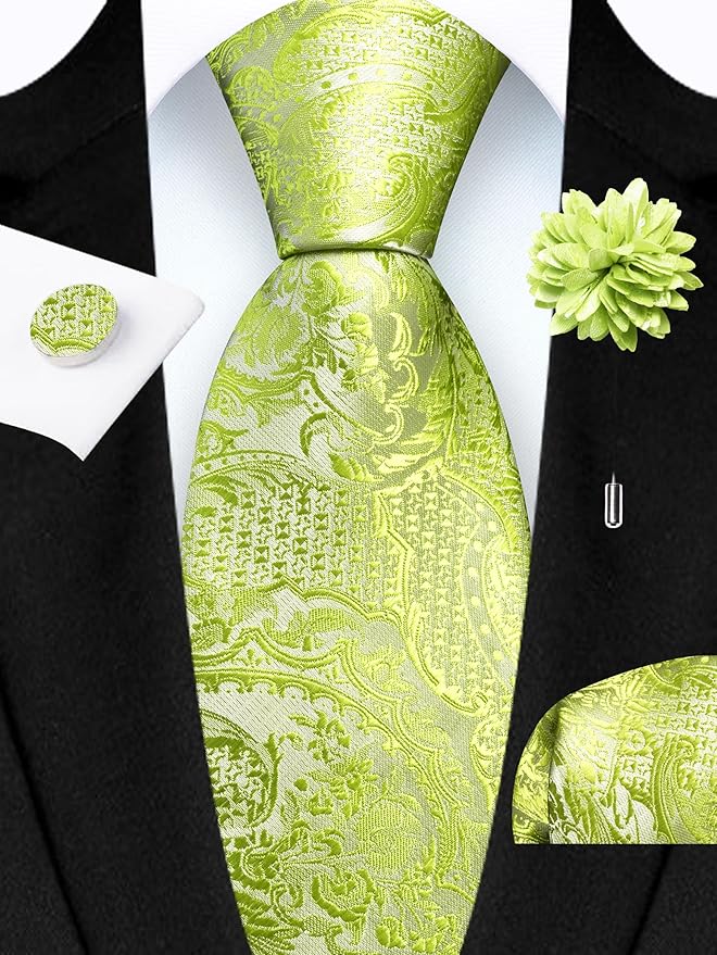 GUSLESON 8cm Paisley Tie Set for Men Necktie Lapel Pin Pocket Square Cufflinks Set for Men