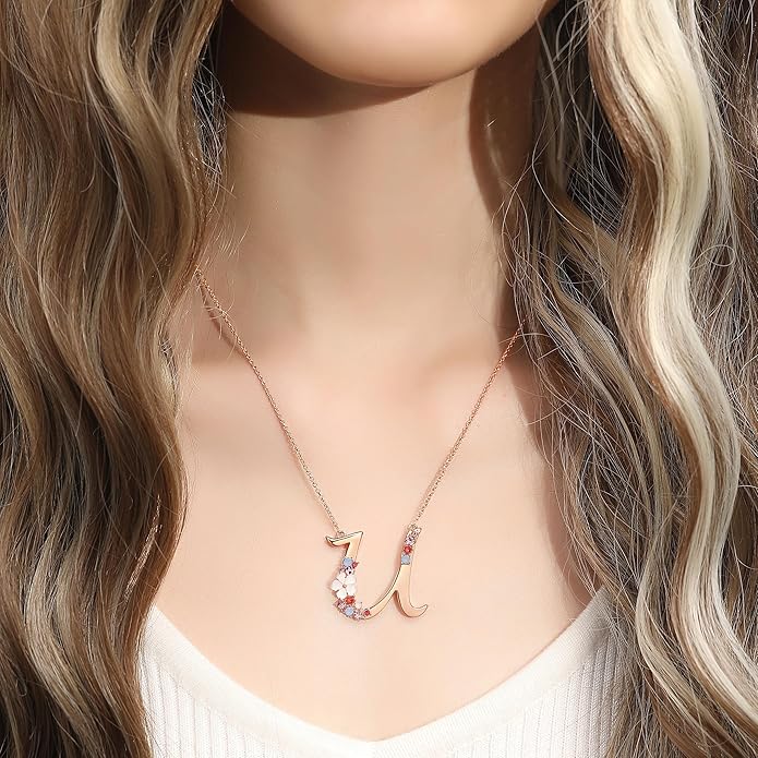 Flower Initial Letter Necklace Pink Red Blue Simulated Pearl Pendant Name Jewelry Made with Austrian Crystals Rose Gold Plated Anniversary Birthday Gifts for Women,18"+2"
