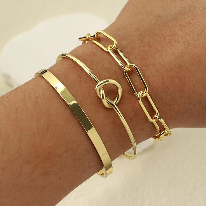 Reoxvo Gold Plated Bangle Cuff Bracelets for Women Non Tarnish Gold Bracelet Stack Jewelry Set for Women Trendy