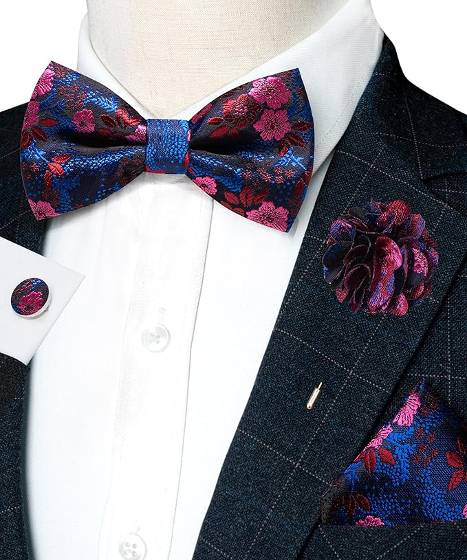 JEMYGINS Floral Pre-tied Bow Tie and Pocket Square Cufflinks Lapel Pin Sets for Men 4PCS