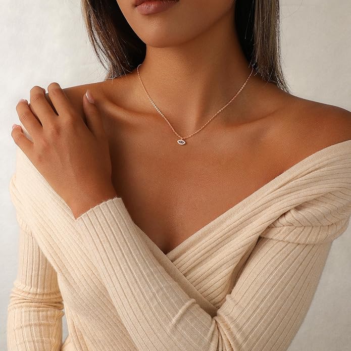 Evil Eye Necklace for Women,Dainty 14K Gold/Sterling Silver Plated Evil Eye Pendant Necklace Tiny Boho CZ Diamond Necklace Cute Trendy Lucky Protection Jewelry Gift for Women