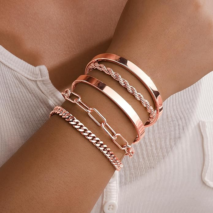 Gold Bracelets for Women Non Tarnish, 14K Gold Plated Chunky Cuff Bracelet Gold Bangles Bracelet for Women Trendy Tie Knot Cuban Rope Paperclip Beaded Bracelet Stack Jewelry Gifts