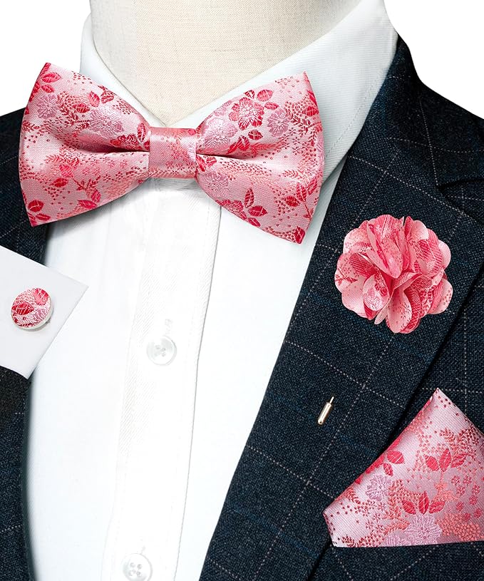 JEMYGINS Floral Pre-tied Bow Tie and Pocket Square Cufflinks Lapel Pin Sets for Men 4PCS