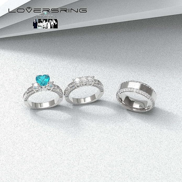 TWO RINGS Wedding Ring Sets His And Hers Promise Ring Couples Bridal Sets Women 925 Sterling Silver square Cz Man Stainless Steel Brushed Finished Wedding Bands