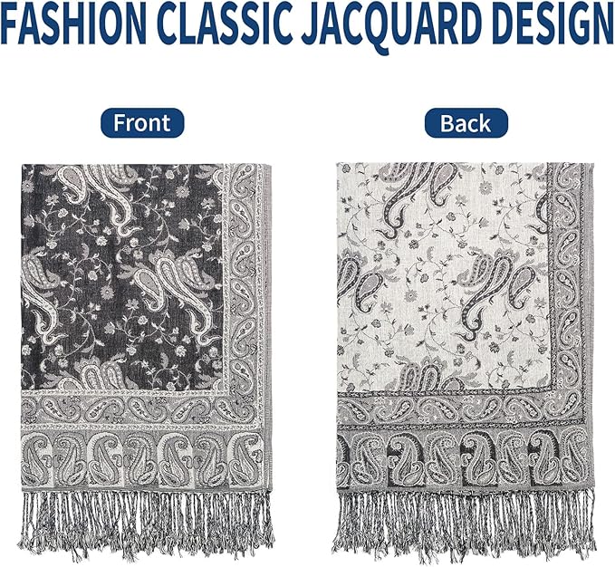 QIUTIMIY Paisley Pashmina Shawl Wrap Women Reversible Vintage Jacquard Pashmina Rave Scarf with Fringe for Evening, Wedding