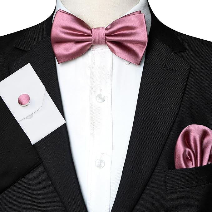 JEMYGINS Solid Color mens Pre-tied Bow Tie and Pocket Square Cufflinks Sets with Gift Box