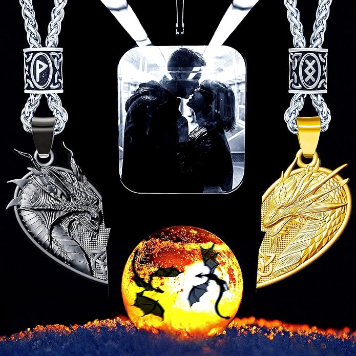 ZiWuark Matching Dragon Necklace Couples Viking Heart Necklace Jewelry for Men Women with Rune Beads