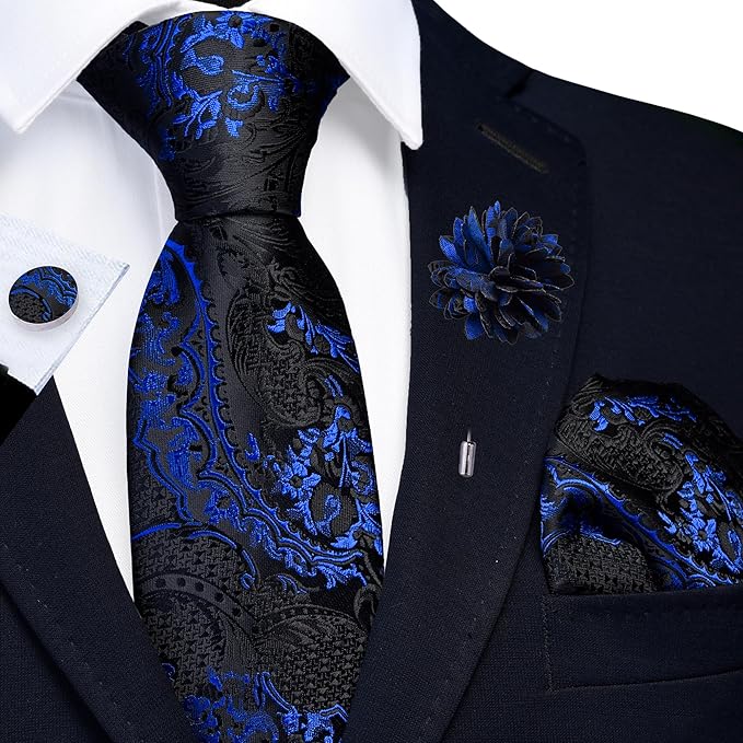 GUSLESON 8cm Paisley Tie Set for Men Necktie Lapel Pin Pocket Square Cufflinks Set for Men