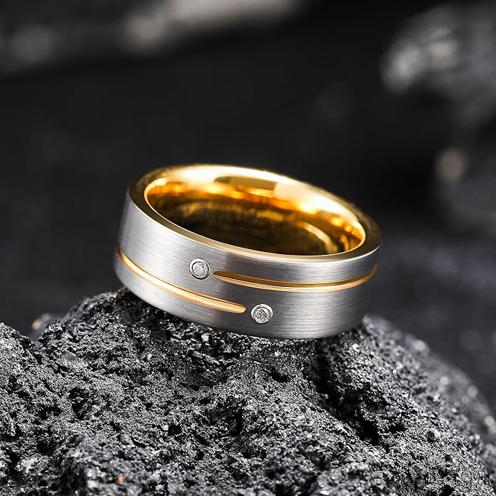 King Will Mens Tungsten Wedding Band with Cubic Zircon Inlay 7mm/8mm Flat Cut Comfort Fit Engagement Rings