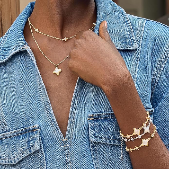 Cicy Bell Womens Four Point Star Necklace Sets Double Layer Chain 18k Gold Plated Cubic Zirconia Mother of Pearl Lucky Pendant Necklace