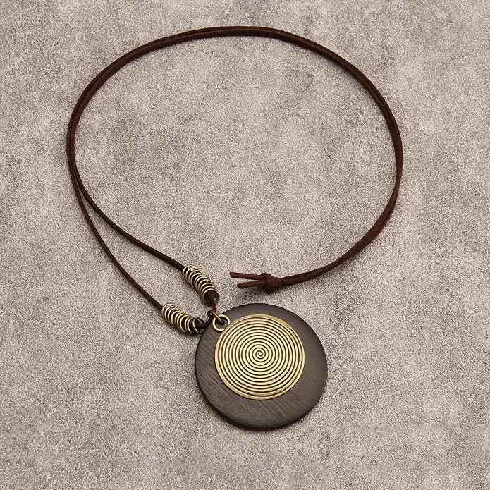 Long Boho Necklaces for Women Vintage Leather Wooden Pendant Y Choker Ethnic Style Gold Circle Hippie Sweater Necklace
