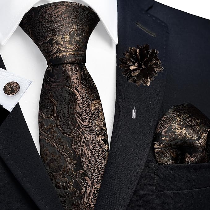 GUSLESON 8cm Paisley Tie Set for Men Necktie Lapel Pin Pocket Square Cufflinks Set for Men