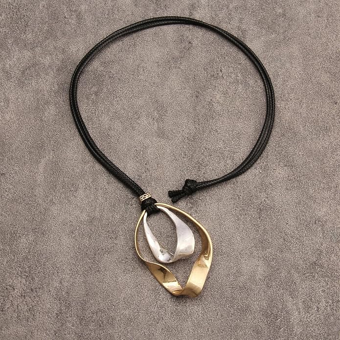 Long Boho Necklaces for Women Vintage Leather Wooden Pendant Y Choker Ethnic Style Gold Circle Hippie Sweater Necklace