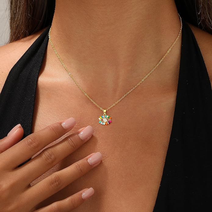 Evil Eye Necklace for Women,Dainty 14K Gold/Sterling Silver Plated Evil Eye Pendant Necklace Tiny Boho CZ Diamond Necklace Cute Trendy Lucky Protection Jewelry Gift for Women