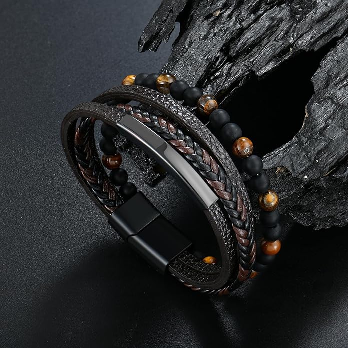 Mens Tiger Eye Matee Black Onyx Lava Rock Volcanic Stone Beaded Bracelet, Black Braided Leather Bracelet for Men