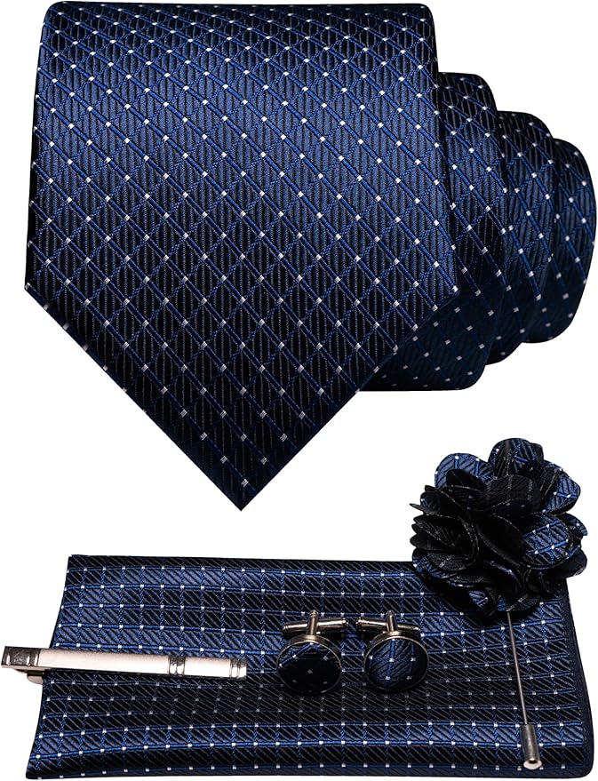 JEMYGINS Mens Tie and Pocket Square,Lapel Pin,Cufflinks,Tie Clip Sets with Gift Box 5PCS