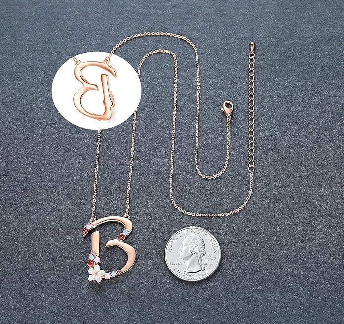 Flower Initial Letter Necklace Pink Red Blue Simulated Pearl Pendant Name Jewelry Made with Austrian Crystals Rose Gold Plated Anniversary Birthday Gifts for Women,18"+2"