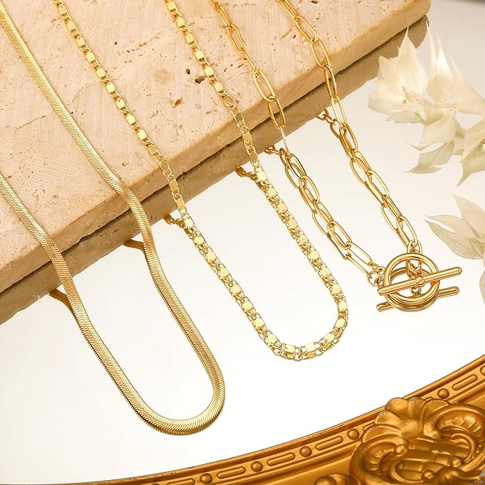 CHESKY 14K Gold Plated Layered Herringbone Necklaces for Women, Trendy Paperclip Snake Chain Necklace Cuban Link Simple Chunky Toggle Clasp Necklace Set Fashion Jewelry