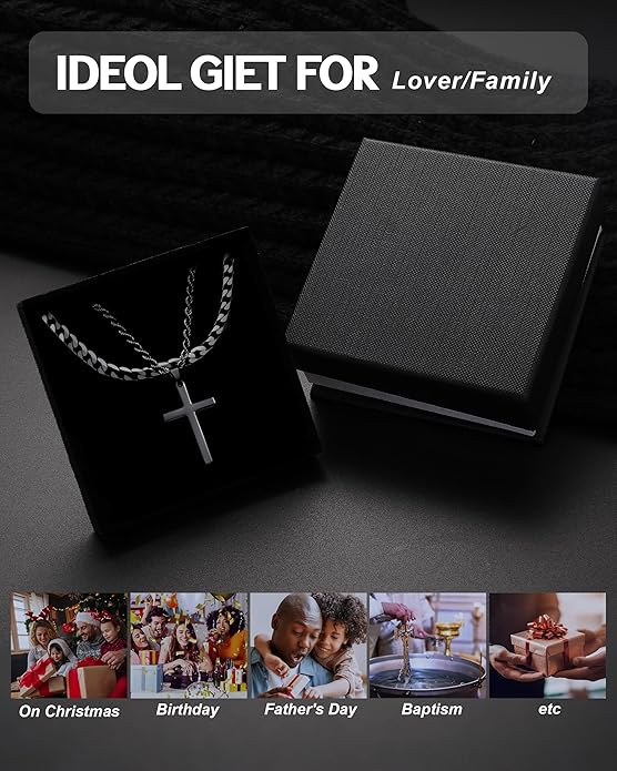 TEN MIRO Silver/Black Cross Necklace for Men Boy Stainless Steel Cross Pendant Necklace for Men Christian Religious Jewelry with Box & Card Birthday Anniversary Christmas Father's Day Gifts for Him