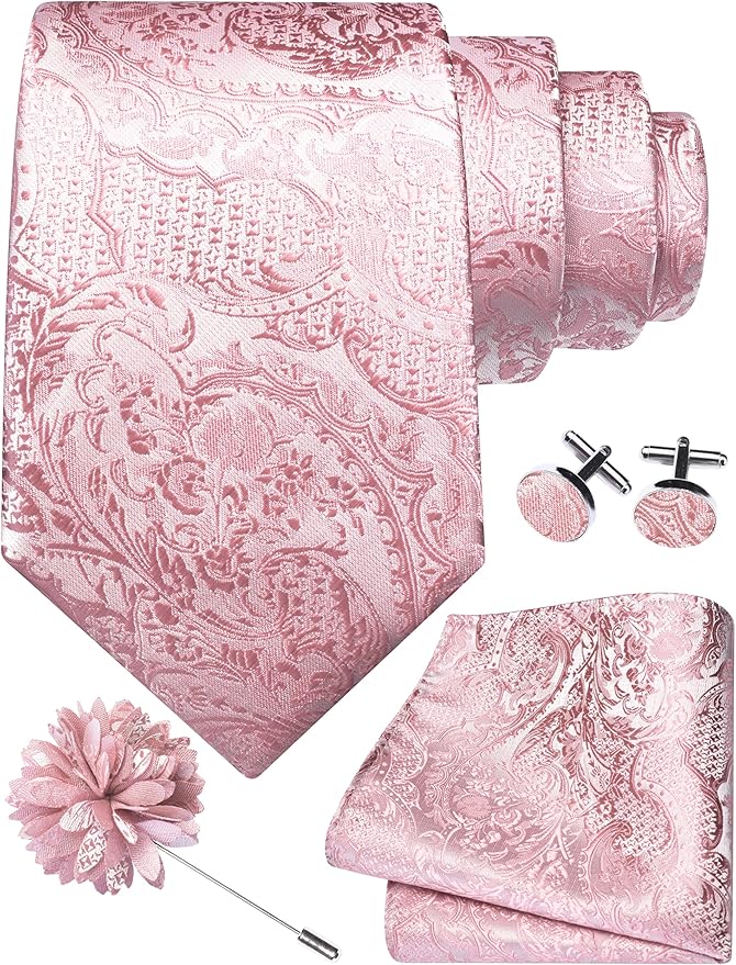 GUSLESON 8cm Paisley Tie Set for Men Necktie Lapel Pin Pocket Square Cufflinks Set for Men