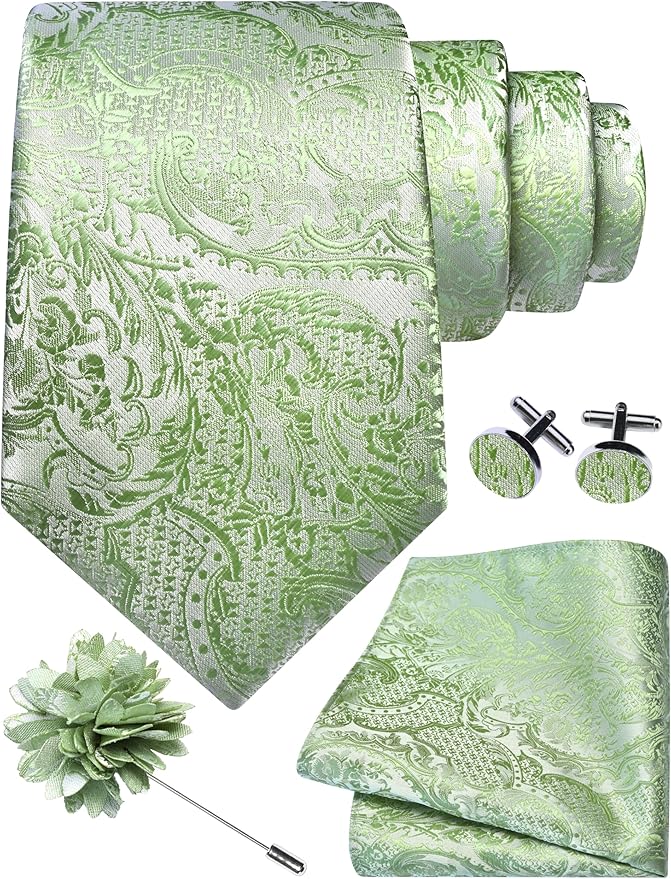 GUSLESON 8cm Paisley Tie Set for Men Necktie Lapel Pin Pocket Square Cufflinks Set for Men