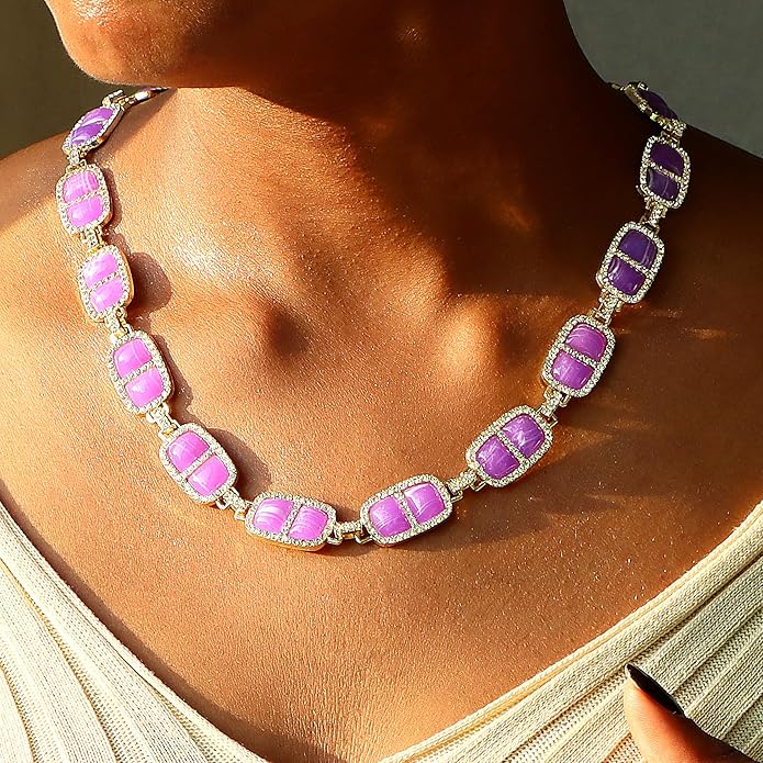 Chunky Necklace for Women 12 Colors Diamond Stone Gold Statement Necklace for Women Full Trendy Blue Birthstone Choker Necklace for Women Square Design Necklace Jewelry