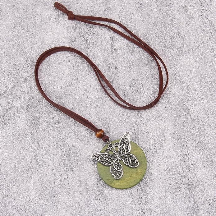Long Boho Necklaces for Women Vintage Leather Wooden Pendant Y Choker Ethnic Style Gold Circle Hippie Sweater Necklace