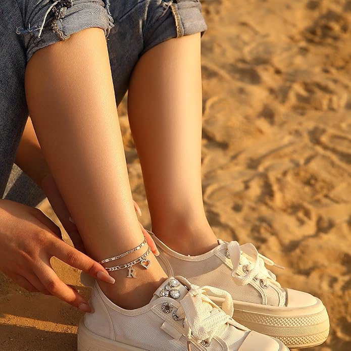 Initial Ankle Bracelets for Women Waterproof 14K Gold Plated Dainty Layered Figaro Chain Letter Initial CZ Heart Ankle Bracelets Set Summer Beach Jewelry for Women