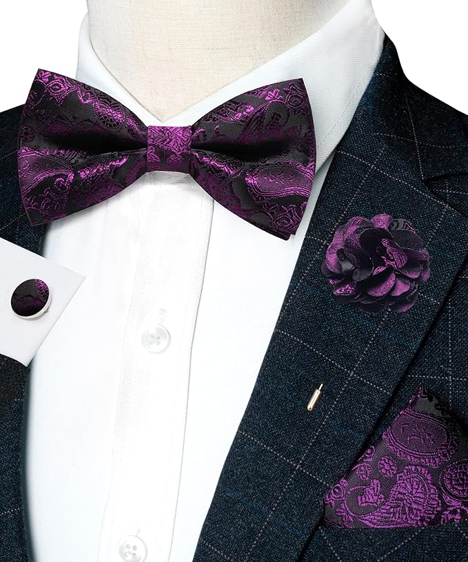 JEMYGINS Paisley Pre-tied Bow Tie and Pocket Square Cufflinks Lapel Pin Sets for Men 4PCS