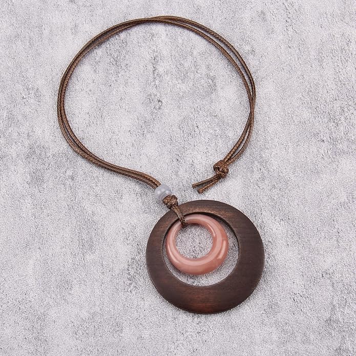 Long Boho Necklaces for Women Vintage Leather Wooden Pendant Y Choker Ethnic Style Gold Circle Hippie Sweater Necklace