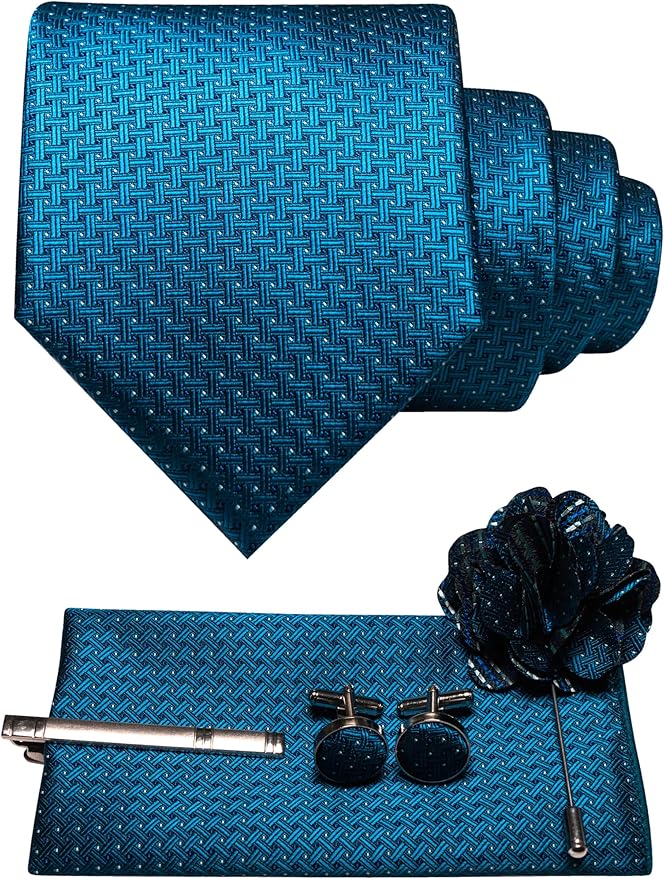 JEMYGINS Mens Tie and Pocket Square,Lapel Pin,Cufflinks,Tie Clip Sets with Gift Box 5PCS