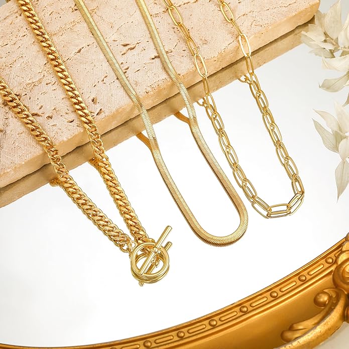 CHESKY 14K Gold Plated Layered Herringbone Necklaces for Women, Trendy Paperclip Snake Chain Necklace Cuban Link Simple Chunky Toggle Clasp Necklace Set Fashion Jewelry