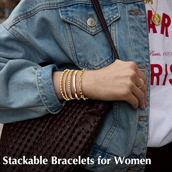 Gold Bracelets for Women Non Tainish,Dainty Bracelets Stack for Women Trendy, Gold Plated Cuff Bracelets Stack With Beaded Cuban Paperclip Snake Rope Bangle Hand Chain Jewelry Gifts for Women