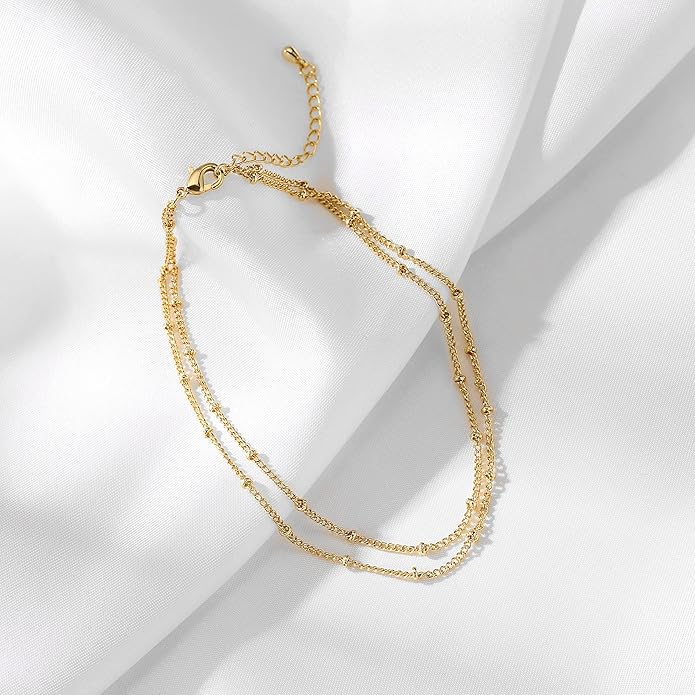 Pencros Dainty Layered Anklet,14K Gold Filled Cute Beads Satellite Chain Heart Boho Adjustable Anklets for Women