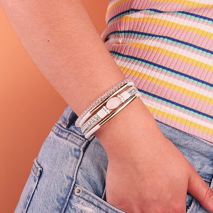 FANCY SHINY Leather Wrap Bracelets Crystal Beads Bracelet Boho Cuff Stone Charm Bracelets with Clasp Costume Jewelry for Women