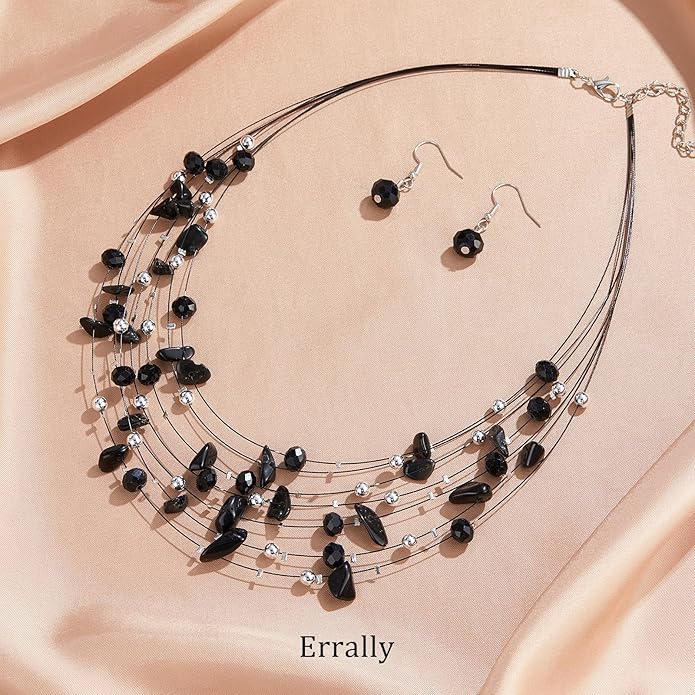 Multi-Layer Boho Shell Beaded Necklace for Women Colorful Crystal Strand with Silver Beads Statement Collars Necklace and Earrings Costumes Jewelry Sets for Women