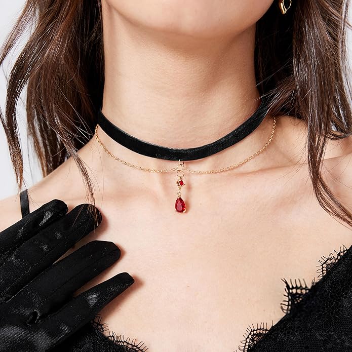 Fesciory Black Necklaces for Women, Adjustable Layered Velvet Leather Lace Collar Necklace, Goth Jewelry Gifts.