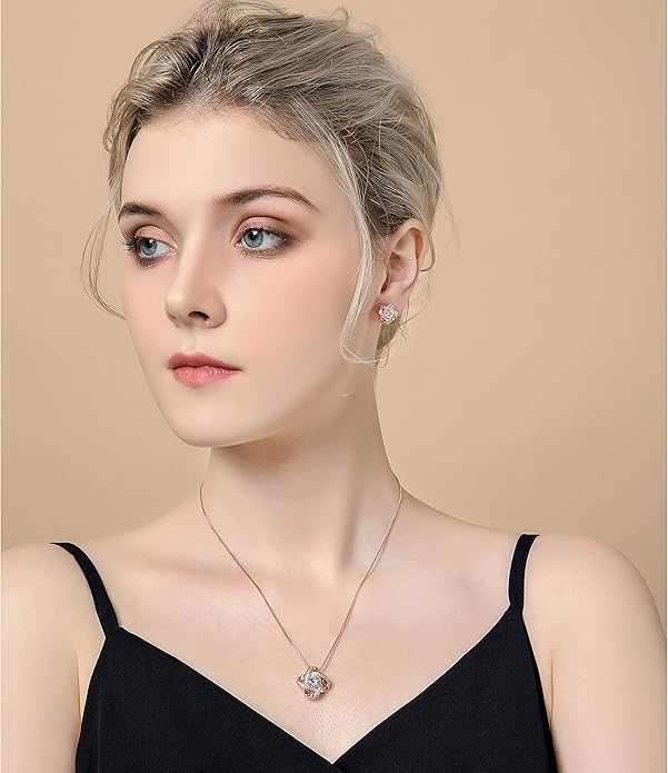 AMYJANE Bridal Jewelry Set for Women - Crystal Cubic Zirconia Love Knot Necklace Stud Earrings Elegant CZ Jewelry Set for Wedding Bride Bridesmaids Gift Set