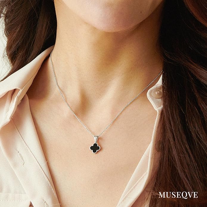 MUSEQVE Four Leaf Clover Necklace for Women Dainty Mother of Pearl White Black Onyx Pink Blue Mint Green Crystal Lucky Clover Pendant 14K Gold Plated Jewelry Gifts [CVRN]